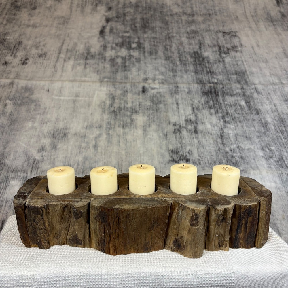 AdV Rustic Live Edge Wood 5-Votive Candle Holder Log Centerpiece Indonesia